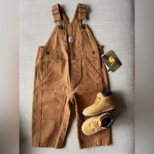 NEW GIFT SET! 9M Boys Khaki Tan Carhartt Canvas Bib Overall + Timberland Boots